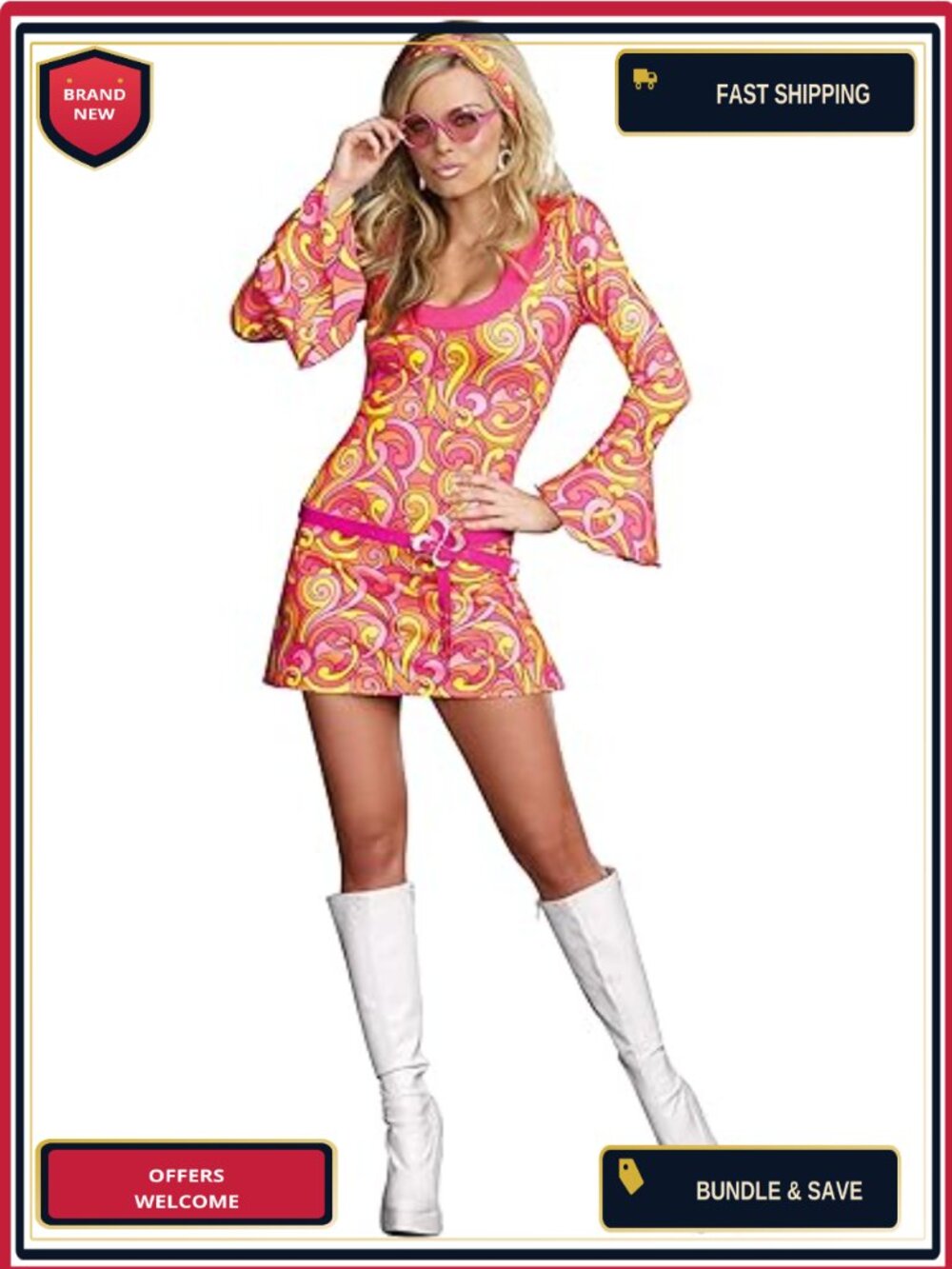 Retro A-Line Go Go Dancer Costume with Bell Sleeves and Vinyl Daisy Belt